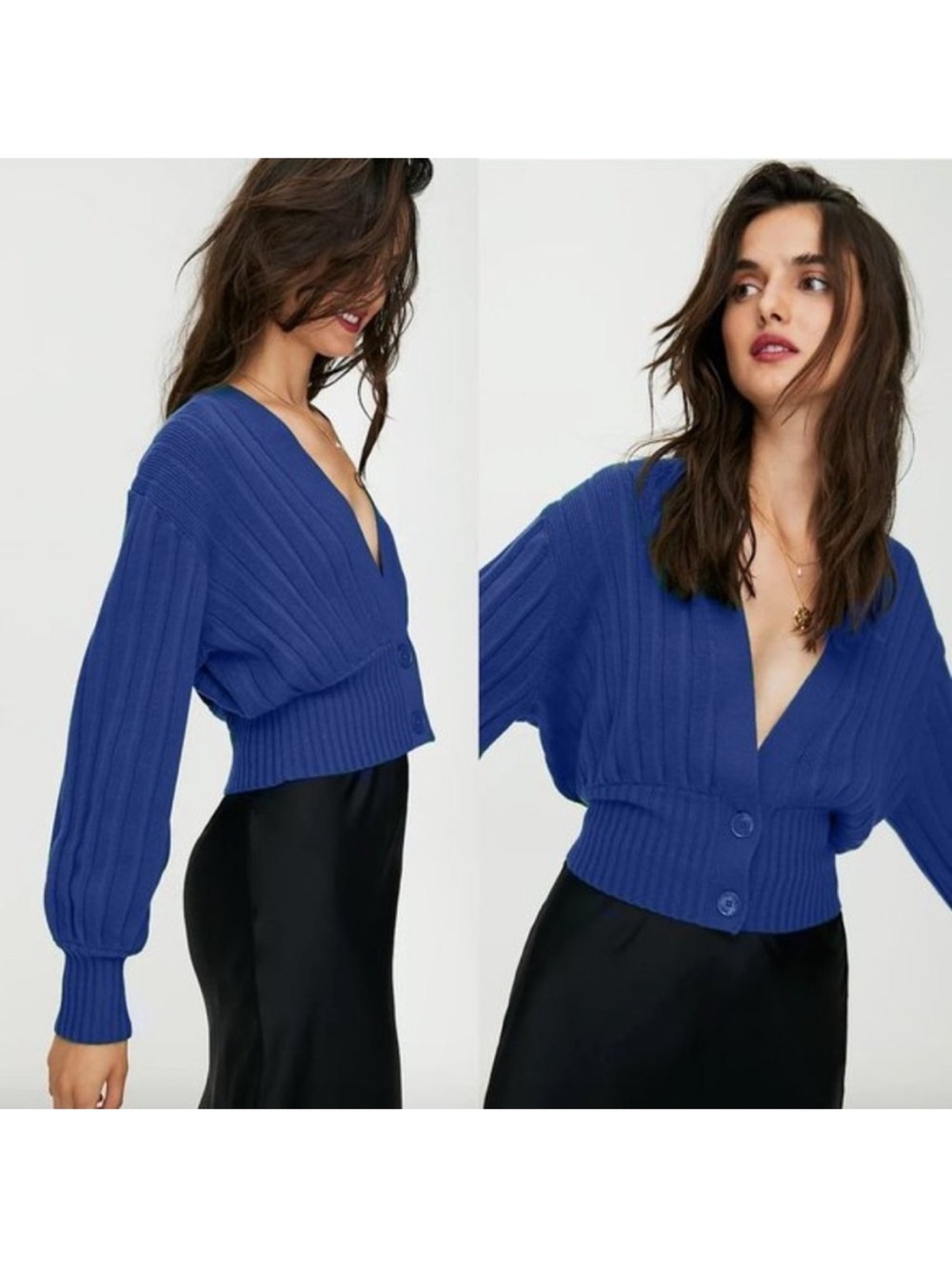Aritzia Wilfred Plunge Front Merino Wool Blend Cardigan Sweater in Blue